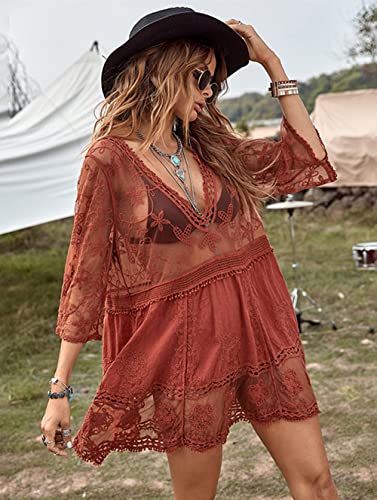 Image of Eomenie Women's Contrast Lace Bathing Suit Cover Up V-Neck Swimsuit Coverups Loose Swimwear Beach Dress Beachwear