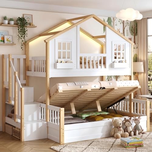 Litera White + Pine White + PineCon Base Hidráulica, Escalera De Almacenaje, Ventana Lateral Y Estructura De Madera, Diseño Cama Casita Tipo Cama Litera para Habitación Juvenil Completa