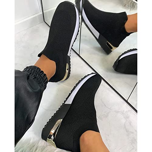 EMRELOD Womens Sneakers Platform Fashion Slip On Walking Shoes Breathable Running Shoes Lightweight Casual Breathable Mesh Low Top Gym Shoes Flat Non Slip Workout Shoes Play Sneakers (05-Black, 8)3