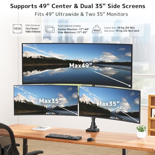 Image of Triple Monitor Mount up to 49 inches, Fully Adjustable Heavy Duty 3 Monitor Arm with Gas Spring, Desk Mount for 3 Screens, C-Clamp & Grommet Base, Holds 44 lbs, Black