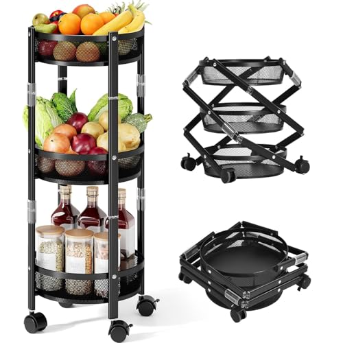 Image of JD FRESH 3-Tier Foldable Rolling Storage cart /Metal Utility Storage Trolly with Lockable Wheels /Assembly-Free and Versatile Serving Organizer Trolley for Kitchen, Bathroom or Living Room (Black)