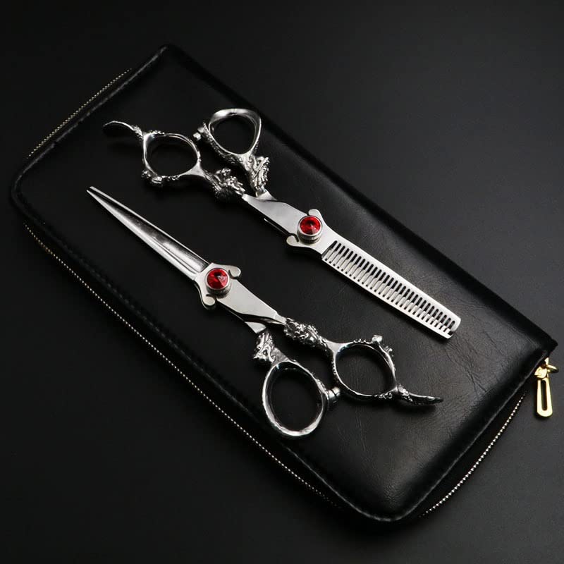 Hair Cutting Shears, 6 Inch Professional Hairdressing Scissors Set Cutting And Thinning Barber Shears Dragon Handle Ruby Style (Color : Set)