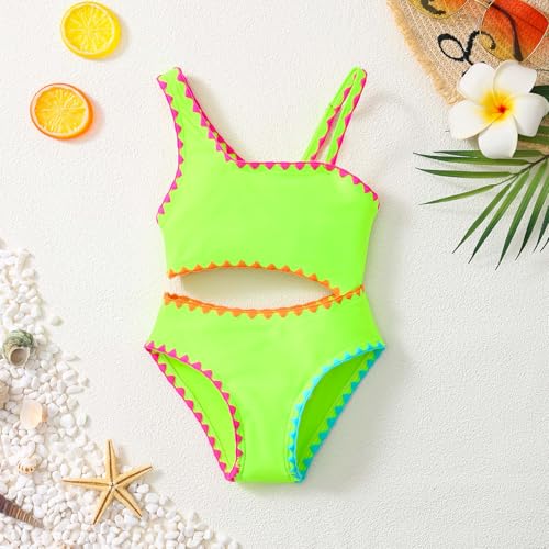 SuperGlee Toddler Girl One-Piece Swimsuit Baby Girl Cut Out Contrast Trim Swimwear Beach Bathing Suits 2-7Y (US, Age, 4 Years, 5 Years, Fluorescent Green) - Thumbnail 3