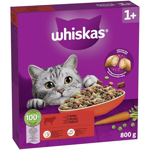 WHISKAS Trockenfutter für ausgewachsene Katzen 5 x 800g mit Rind