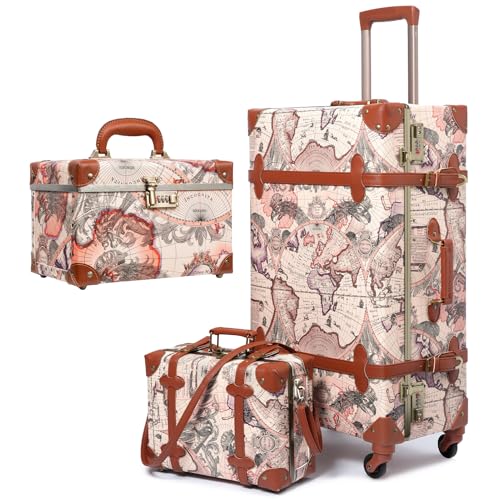 urecity Vintage Luggage Set of 3, Victorian Map Print, 26 inch, 12 inch, 12.5 inch