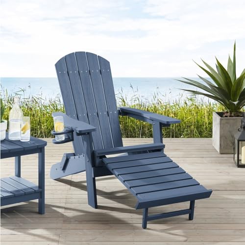 Ogarden Adirondack Arizona Lounge Chair with Footstool, Drink Holder, HIPS Plastic, Wood Effect - for Balcony, Patio, Lawn, Fireplace (Blue)