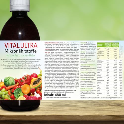 Vital Ultra - 480 ml - Mikronährstoffkonzentrat mit Vitaminen, Mineralien, Spurenelementen, Pflanzenstoffen und Omega-3-Fettsäuren - flüssiges Lebensmittel aus über 70 Zutaten mit bis zu 60 Portionen