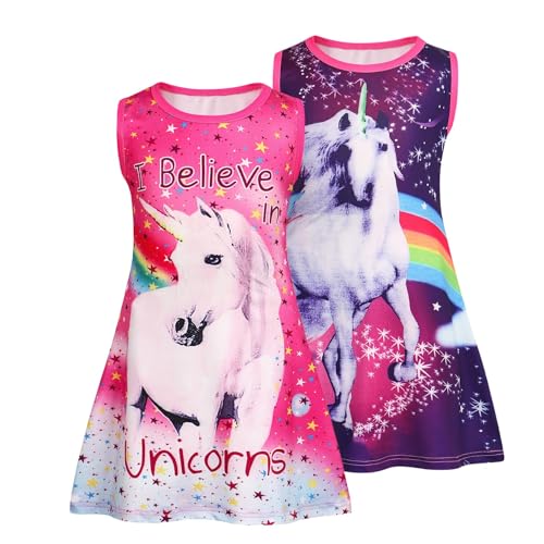 Jurebecia 2Pcs Girls Nightgowns Toddler Unicorn Nightdress Sleeveless Nightie Dress Pajamas Kids Sleep Shirts Sleepwear