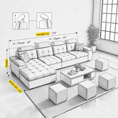 Image of Torque Jimmi L-Shaped 5 Seater Sofa with 4 Puffy - LHS-Beige | 8 Seater Sectional Sofa Set for Living Room | 3 + 1 Lounger Sofa Couches with Adjustable Headrests