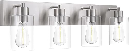Miniatura 9 de Lámparas de tocador de baño de 4 luces, moderna lámpara de baño con vidrio transparente acabado de níquel cepillado sobre espejo para cocina,