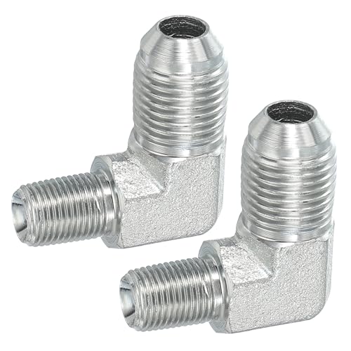 Image of PATIKIL 90 Degree Pipe Adapter, 2 Pcs 9 /16 inch Male 37 Flare JIC x 1 /8 inch BSPT Male Connector Carbon Steel Elbow Fitting for Air Hydraulic Fluid Fuel Water Oil, Silver