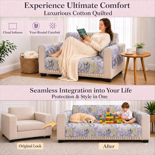 Image of STITCHNEST 'Frostvine Collection' 2 Seater Sofa Cover - Full Coverage| Cotton Quilted Fabric, Decorative Tassels, Washable & Durable for Modern Living
