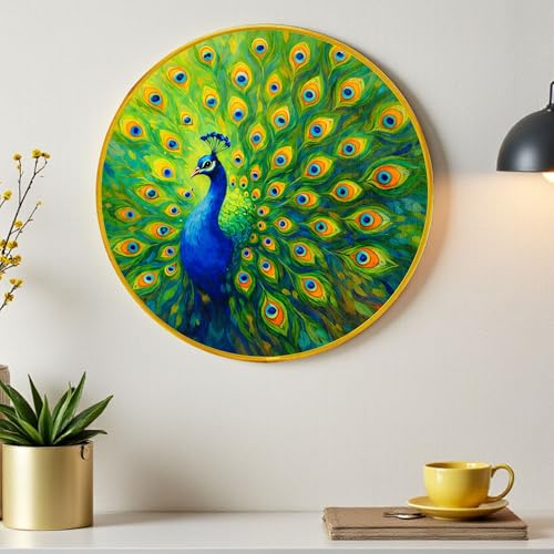 Image of Peacock Round Wall Art Painting With Frame For Living Room| Vastu-Inspired Wall Art Framed Painting | Round Artistic Wall Hanging for Home, Bedroom, Office & Gifting, 12 Inch