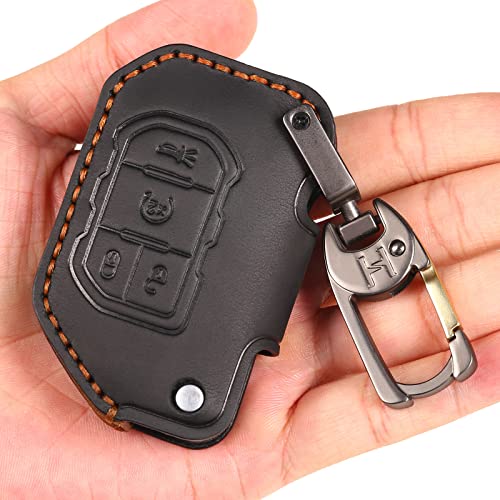 EASYANT Leather Car Key Fob Cover for Jeep Gladiator Wrangler Sahara Black
