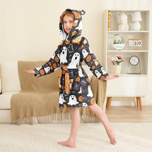 Bath Robe Kids Girls Black Background Cat and Owl Halloween Pattern Girls Robe With Hood3