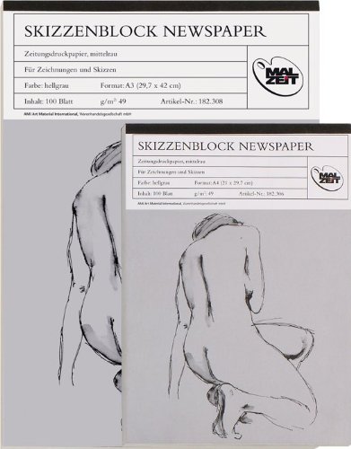 2 x Aktstudienblock Din A3, Skizzenblock, NEWSPAPER, Zeitungsdruckpapier, 100 Blatt 49 g/m², Doppelpack!!!