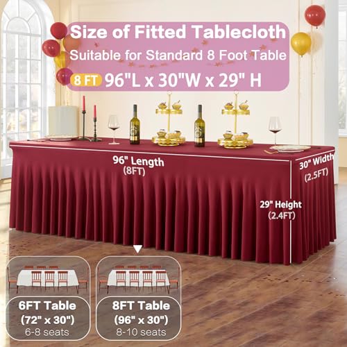 Image of Spandex Burgundy Table Clothes for 8 Foot Rectangle Tables, Wrinkle Free Fitted Tablecloth Cover 8ft Maroon Stretchy Tablecloths Desk Skirt for Parties Weddings Birthday Banquet Baby Shower