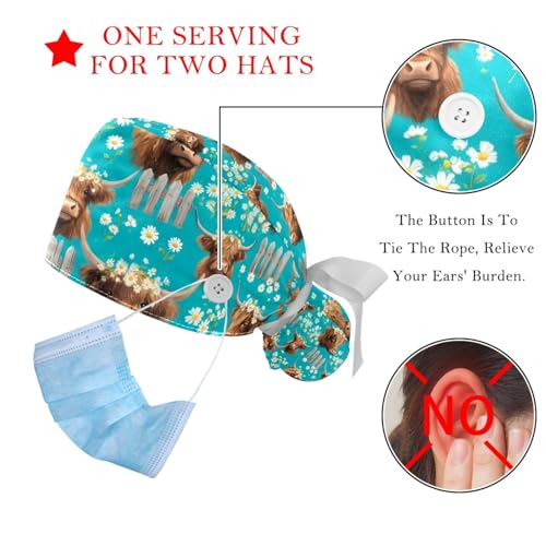 Image of 2 PCS Bouffant Cap with Button Ponytail Pouch Working Cap Sweatband Adjustable Surgical Cap Black and White Cow