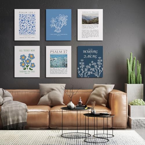 Image of Habseligkeit Blue Flower Wall Art Prints, Retro Wall Decors for Room Aesthtic, Abstract Posters for Girls Bedroom Decor Aesthetic Unframed, 8X10in, Set of 6