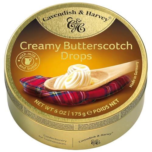 Pack of 3 Cavendish & Harvey Butterscotch Drops in Tin Premium Traditional Flavour Travel Sweets Confectionery Hard-Boiled Candies Each H4 x 9.7cm Diameter 175g