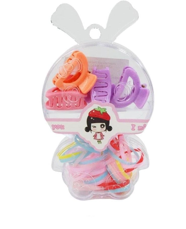 Kit de Acessórios para Cabelo Infantil, Formato de Coelho, Presilhas e Elásticos Coloridos, Estojo Transparente - BASE NOBRE