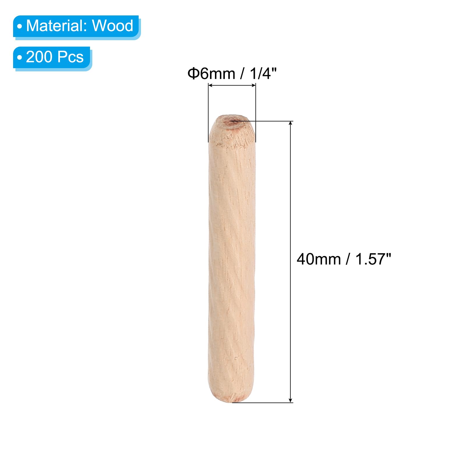 PATIKIL 1/4 Wooden Dowel Pins, 200 Pcs M6x40mm Wood Dowel Pins Hardwood Pegs Fluted Groove Easy Insertion for Crafts Furniture Door Art - Image 2