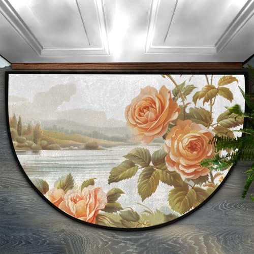 Image of cfpolar Half Round Door Mat Vintage Rose Flower Non-Slip Semi Circle Area Rug Washable Half Moon Hearth Rugs for Indoor Outdoor Bathroom Kitchen Patio Runner Mat Laundry Room Home Decoration