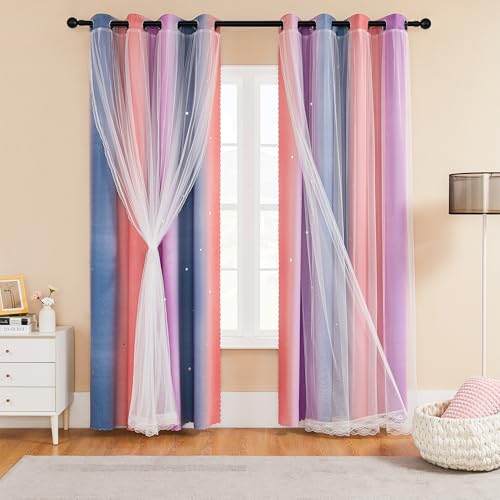 Image of XiDi Rainbow Blackout Curtains 96 Inches Long for Girls Bedroom 2 Panels Set, Kids Pink Curtains for Room Decor Unicorn Wall Decals Drapes for Little Girl Nursery Grey /Pink /Purple 34 Inches Wide