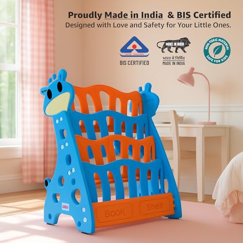 Image of Amazon Brand - Jam & Honey Animal Theme Bookshelf for Kids|4-Tier Display Rack |Storage|Organizing|Kids Bookcase|Perfect for Home,Play-Schools,Nursery|Easy Assembly| Compact|Plastic,Blue Orange