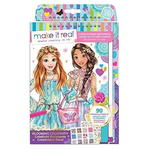 Make It Real Fashion Design Sketchbook Kit for Girls - Blooming Creativity Set with Stencils, Puffy Stickers, Design Guide - Unleash Fashion Talent, Develop Skills, for Kids Ages 6 Cover