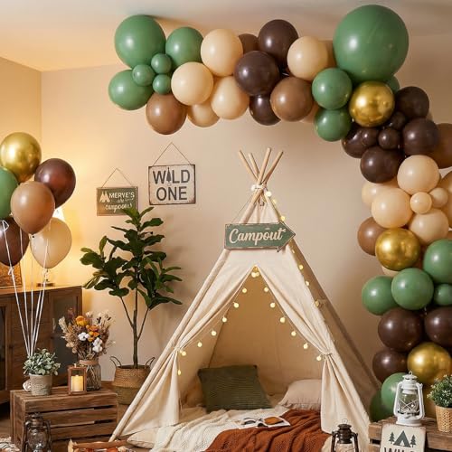 Image of RUBFAC Sage Green and Brown Balloons, 65pcs Olive Green Dark Brown Coffee Nude Gold Metallic Party Balloons for Camo Army Hunting Birthday Jungle Safari Woodland Floral