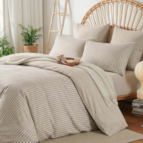 Image of Nayoroom Brown Striped Duvet Cover Queen Reversible Taupe Bedding Set
