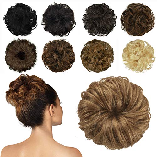 FESHFEN 100% Human Hair Bun Extension, Messy Bun Hair Piece Honey Blonde Curly Hair Scrunchies Chignon Extensions Hairpieces for Women Girls Updo Donut
