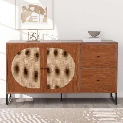Pangshiyuan Aparador de madera de nogal con 2 puertas de ratán y 2 cajones, 130 x 40 x 75 cm, cómoda con asas de metal y estantes ajustables, armario de almacenamiento para salón, pasillo, oficina