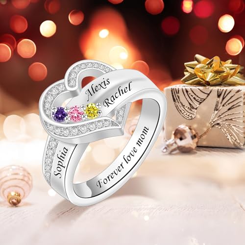 BAUMA AUTO Personalized Mother Ring with 1-8 Simulated Birthstones Heart Ring Custom Wedding Family Engraved Name Ring for Mom Women Grandma Her2
