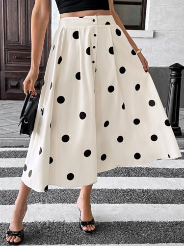 Wuitrie Polka Dot Skirt for Women 2025 Summer Causal Elastic Waist Vintage A-line Midi Skirts2