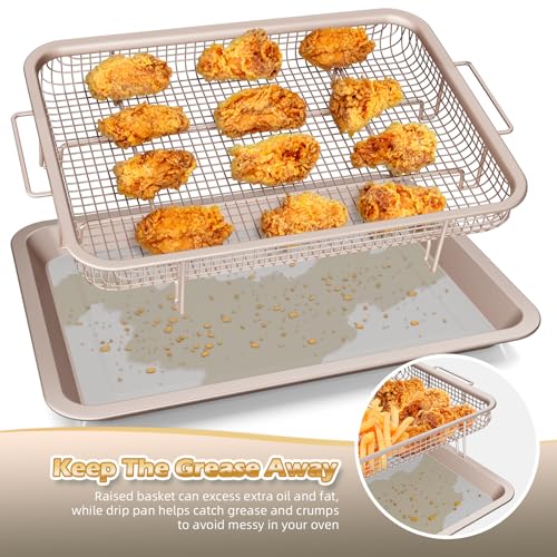 Image of Air Fryer Basket for Oven, OPENICE 2 Set Oven Air Fryer Basket and Tray with 60 Pcs Parchment Papers, Air Fryer Pan Crisper Tray Set for Crisping, Frying - Golden