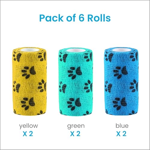 Image of WePet Pet Wrap, Self-Adhesive, Only Sticks to Itself, Non-Woven Tape for Dog Legs, Paws, Wounds, First Aid Cohesive Gauze for Horse, Cat, Bird, Animal, 6 Rolls, 4 Inch, Pawprints A