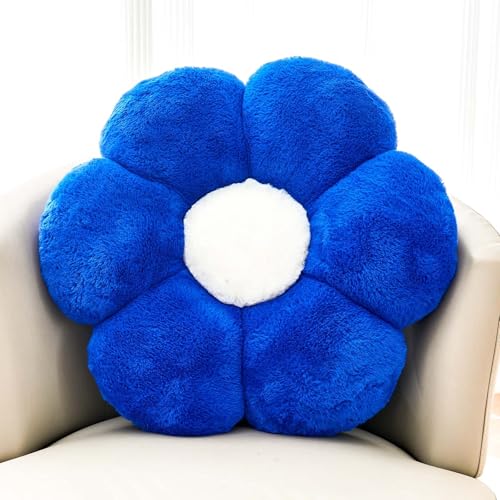 Image of Kcvvcr Flower Pillow Cute Decorative Throw Pillow with Faux Rabbit Fur Soft Daisy Plush Floor Cushion Aesthetic Flower Shaped Pillow Home Decor for Bed Sofa Couch (Royal Blue, 19.6 Inch)
