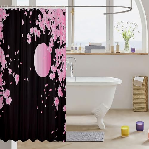 Image of Cherry Blossoms Bath Curtain Japanese Style Bathroom Shower Curtain Set Pink Moon Flowers Shower Curtain For Kids Adults Exotic Waterproof Bathroom Curtains Ultra Soft Black Room Decor 72x78 Inch
