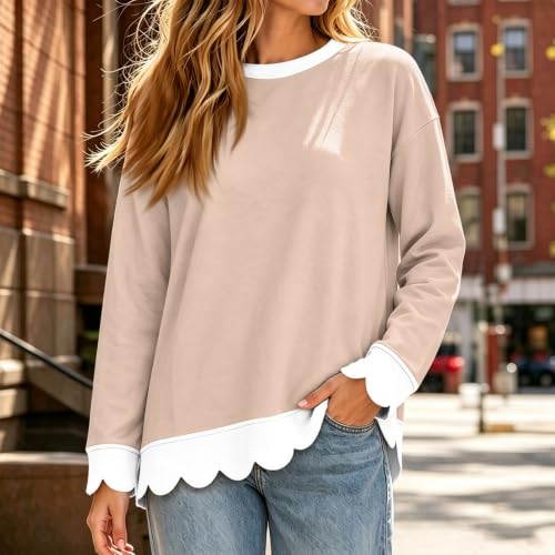 Lightweight Sweatshirts for Women Cotton Scalloped Hem Cozy Pullover Tops - image 4