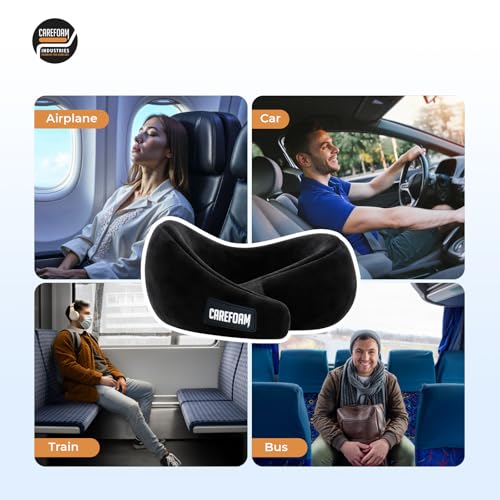 Image of CareFoam Virgin Memory Foam Travel Neck Pillow for Airplane, Car & Train - Dual Height (5 inch & 4 inch) 360 Neck Support with Adjustable Velcro Fastening & Ultra-Soft Velvet Cover