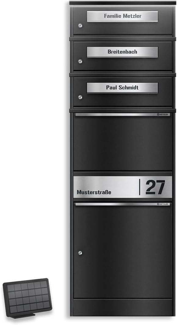 LED Light Up Parcel Letter Box with Name Engraving, Solar Powered and Lockable, Black with Engraving, Weatherproof and Freestanding, with Three Letter Boxes, Space Saving for DHL M Parcels