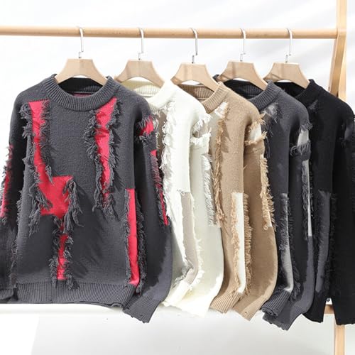 Men's Contrasting Pullover Ripped Tassel Long Sleeved Sweater Round Neck Large Size Casual Sweater2