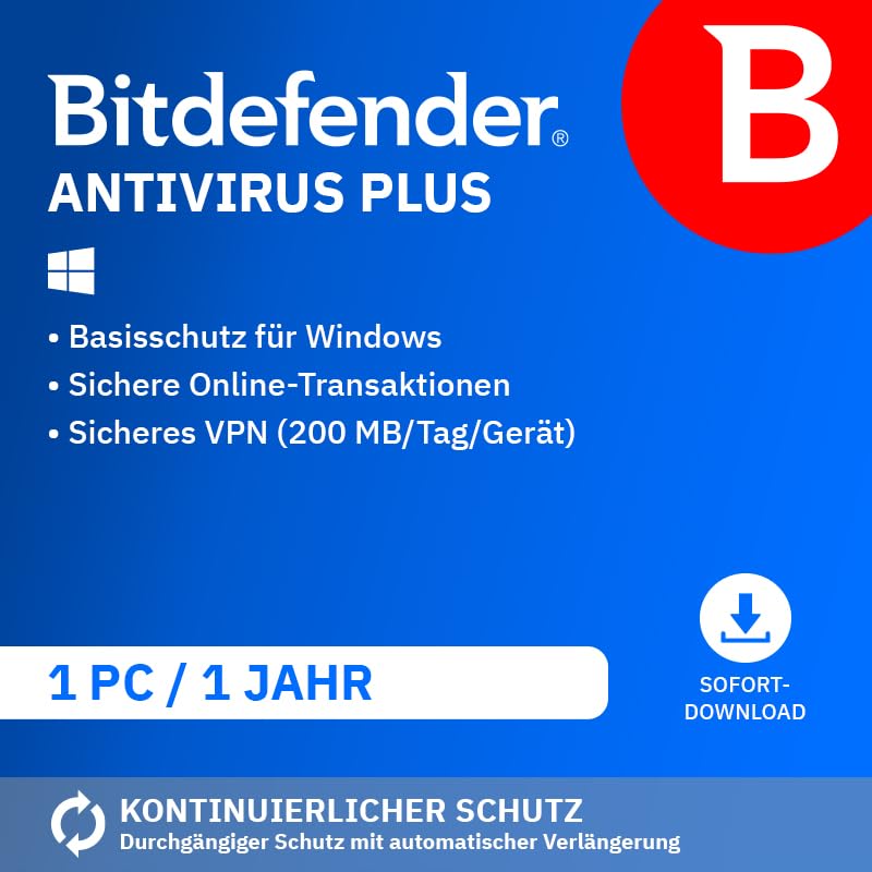Bitdefender Antivirus Plus 2023 | 1 Gerät | 1 Jahr | PC | PC Aktivierungscode per Email