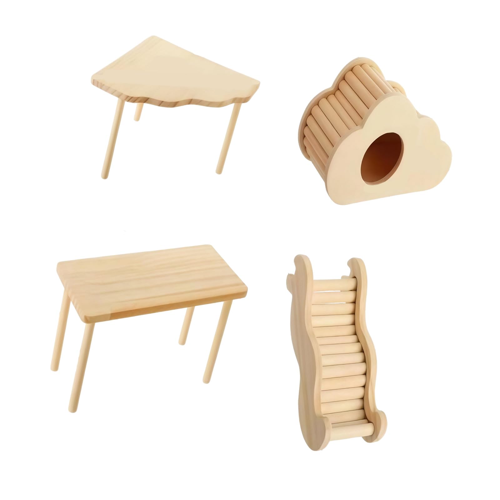 Piattaforma per criceti in legno naturale e gioco con nascondigli a tunnel per piccoli animali domestici, criceti, gabbia accessorio per piccoli animali domestici, scala in legno