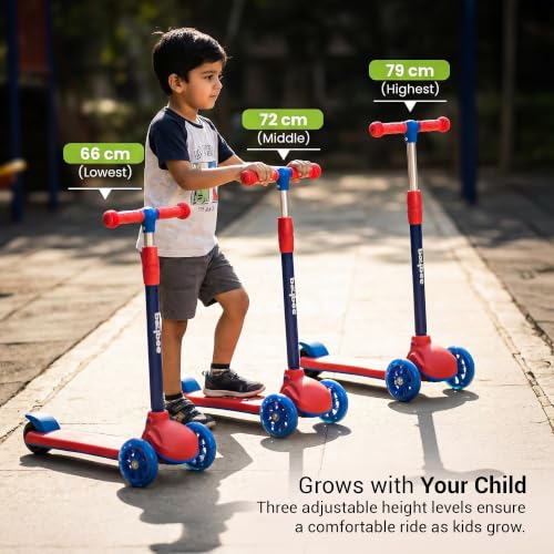 Image of Baybee Rydon Kids Scooter with 3 Height Adjustments | Portable Kick Scooter with PU LED Lights & Rear Brake | 3 Wheel Skating Scooter | Runner Scooter for Kids 2 to 10 Years Boys Girls (RED)