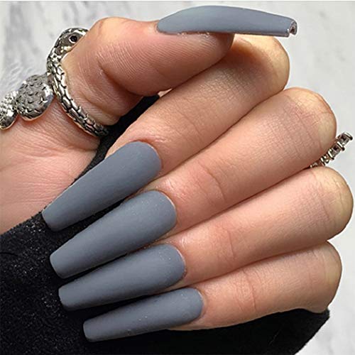 Yovic Gray Super Long Ballerina Press on Nails Matte Coffin Pure Fake Nails Full Cover False Nails for Women and Girls （24PCS） (Gray)