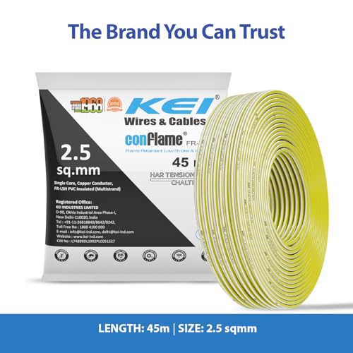 Image of KEI CONFLAME FRLSH 2.5 sqmm 1 Core Copper Heat Resistant Flame Retardant Low Smoke & Halogen - Lead Free House Wire for Domestic & Industrial Electrical Wiring (Yellow, 45 Meters)