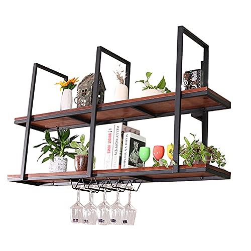 deckenregal Hängeregal, Weinregal Zur Deckenmontage Mit Glashalter Und Ablage, 2- lagiges Industrielagerregal Holzregale, Einfache Montage, Für Bar, Restaurant, Küche (Size : 80 * 30 * 80cm) Cover
